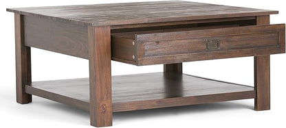 SIMPLIHOME Monroe Square Coffee Table - 38 inch Wide Solid Acacia Wood Living Room Table in Distressed Charcoal Brown, Rustic Cocktail Table for Family Room or Lounge with 2 Drawers and Open Shelf