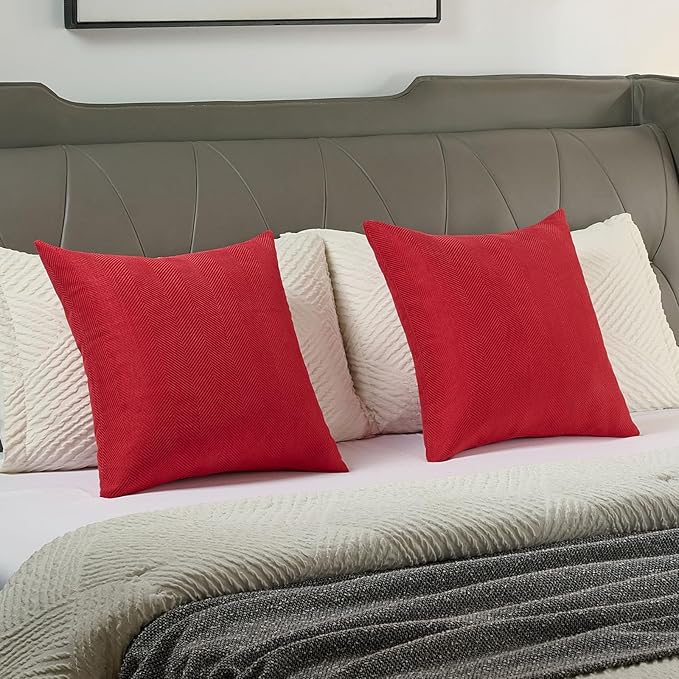 FUTEI Christmas Red Chenille Throw Pillow Covers 16x16 Inch Set of 2,Soft Wide Chevron Textured Cushion Case,Farmhouse Home Decor for Couch Bed Living Room