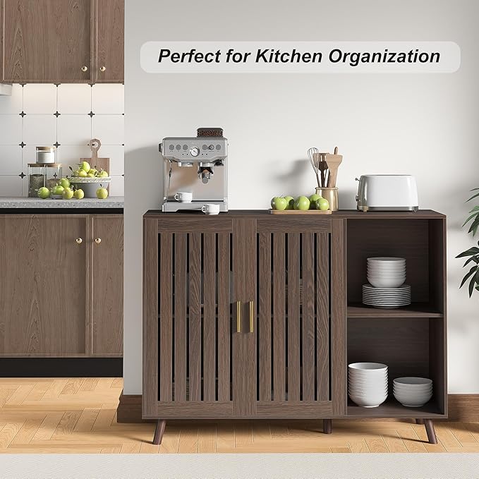 Sideboard Storage Cabinet, 47.2" W Farmhouse Buffet Cabinet with Louvered Doors & Adjustable Shelf, Wood Coffee Bar Storage Station for Kitchen, Dining Room, Living Room, Entryway, Walnut Color