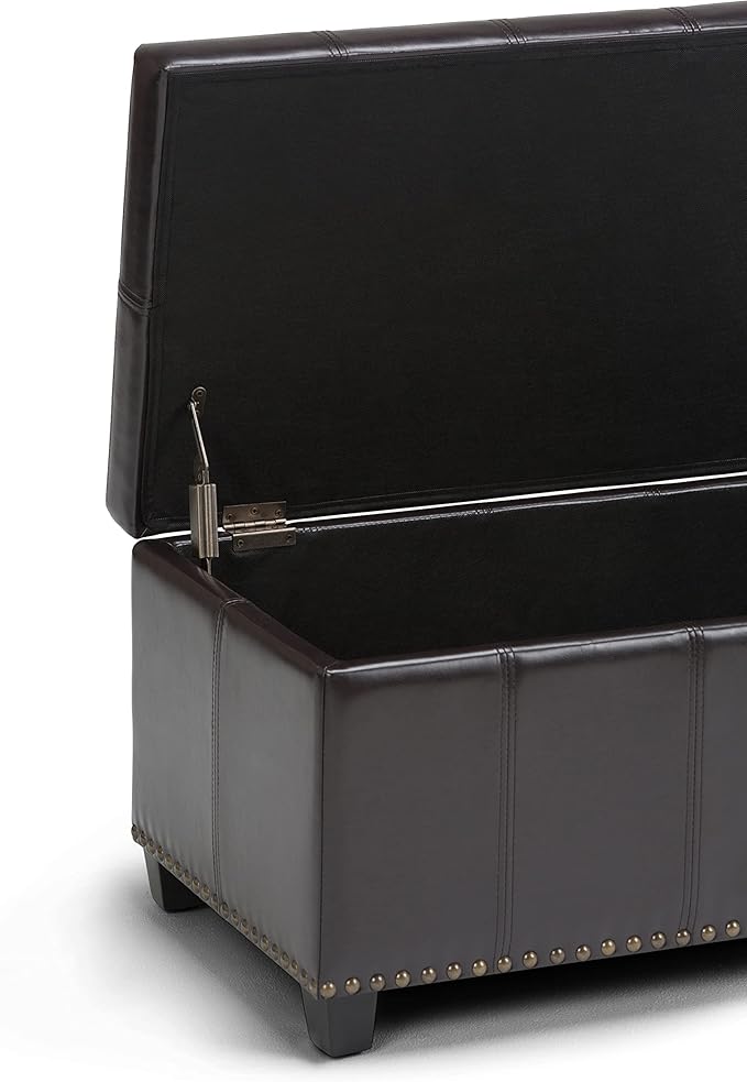 SIMPLIHOME Amelia 33 inch Wide Transitional Rectangle Storage Ottoman Bench in Tanners Brown Vegan Faux Leather, Assembled, For the Living Room, Entryway and Family Room