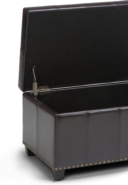 SIMPLIHOME Amelia 33 inch Wide Transitional Rectangle Storage Ottoman Bench in Tanners Brown Vegan Faux Leather, Assembled, For the Living Room, Entryway and Family Room
