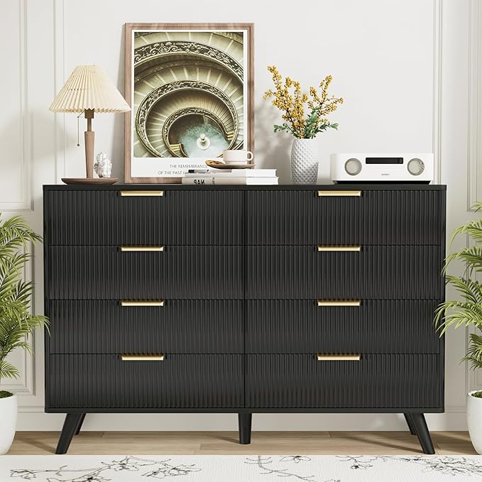 Black Fluted 8 Drawer Dresser for Bedroom, Chest of Drawers with Solid Wood Legs, Modern Dresser Chest Cabinet Organizer with Golden Handles, Beside Table for Closet,