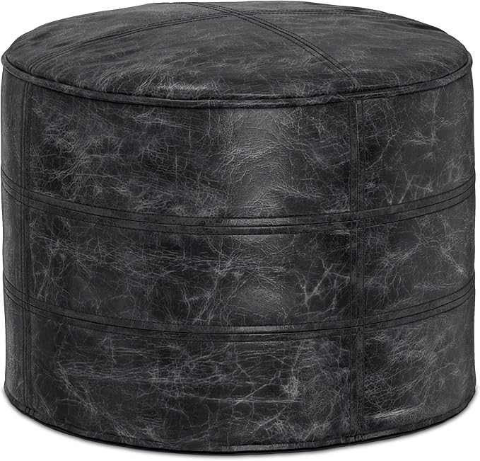 SIMPLIHOME Connor Boho Round Pouf in Distressed Black Genuine Leather for the Living Room, Bedroom and Kids Room
