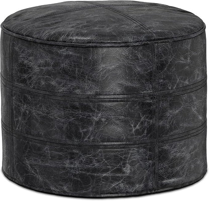 SIMPLIHOME Connor Boho Round Pouf in Distressed Black Genuine Leather for the Living Room, Bedroom and Kids Room