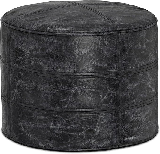 SIMPLIHOME Connor Boho Round Pouf in Distressed Black Genuine Leather for the Living Room, Bedroom and Kids Room