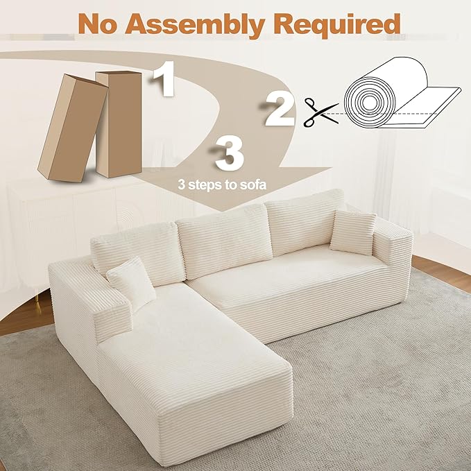 106" Cloud Modular Sectional Sofa Couch with L-Shape Chaise,Modern Boneless Sectional Couch with Deep Seat,Upholstered Couches for Living Room Bedroom,No Assembly Required,Beige
