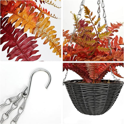 Hollyone Fall Artificial Fern Fall Hanging Baskets Outdoor Indoor Silk Plant Boston Ferns Autumn Potted Plants with Black Rattan Pot for Fake Fern Bush Plant Patio Garden Farmhouse Home Decor Orange
