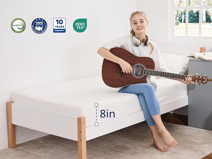 Twin Mattress 8 Inch Green Tea Memory Foam Mattress for Cool Sleep & Pressure Relief, Medium Feel Support, Fiberglass Free, Bed in a Box, Removable Washable Cover, CertiPUR-US Certified