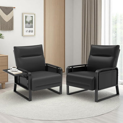 Upholstered Accent Chairs Set of 2, Modern Faux Leather Sofa Chairs with Foldable Side Tray Table & Storage Pocket, Small Accent Sofas for Living Room, Bedroom, Black
