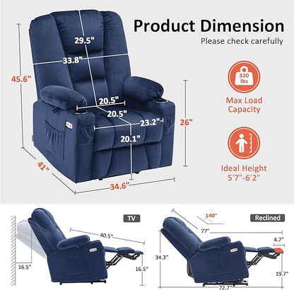 MCombo Large Power Lift Recliner Chair Sofa with Massage and Heat for Big and Tall Elderly People, 3 Positions, Cup Holders, and USB Ports, Fabric 7549 (Large, Navy Blue)
