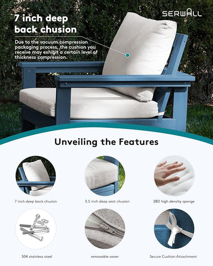 SERWALL HDPE Patio Sofa Set, 3-Piece Sectional Outdoor Furniture Set, All Weather Outdoor Couch Set Patio Furniture Set for Deck, Lawn, Blue Frame with Khaki Cushion