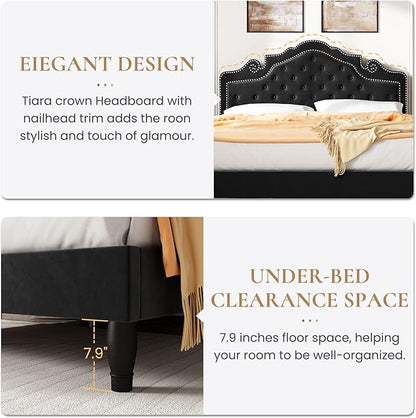 SHA CERLIN King Size Platfrom Bed Frame with Adjustable Headboard/Velvet Upholstered Diamond Button Tufted and Metal Studs/No Box Spring Needed/Easy Assembly/Wooden Slat Support/Black
