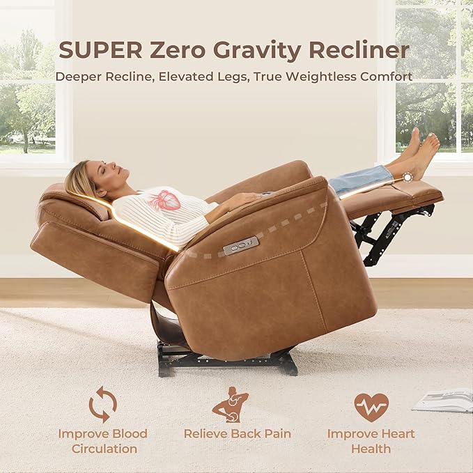 CHITA Super Zero Gravity Power Recliner Chair for Adults, Electric Faux Leather Recliner with USB & Type-C Charging Ports for Living Room, Bedroom & Home Theater Relaxation, Camel
