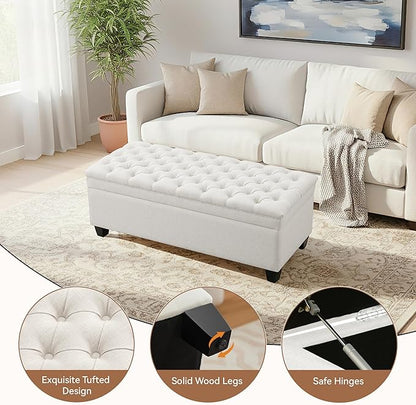 50" Storage Ottoman Bench, Rectangular End of Bed Storage Bench, Upholstered Large Fabric Tufted Ottoman with Storage for Living Room, Bedroom, Entryway,Wihte