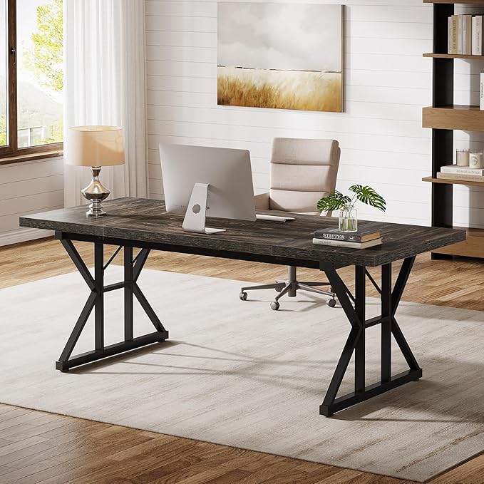 Tribesigns 70.86-Inch Large Executive Desk, Industrial Home Office Computer Desk, Simple Long Writing Study Table Business Furniture (Oak/Black)