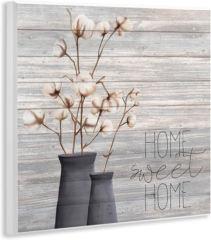 Stupell Industries Grey Sweet Home Cotton Flowers in Vase Wall Plaque, 12 x 12, Multi-Color