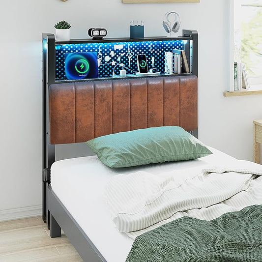 VINGLI Twin or Twin XL Size Headboard, Adjustable Upholstered Headboard with 2 Tier Shelves and Pegboard with Charging Stations and LED Lights, Modern Bed Headboard with Storage for Bedroom Decor