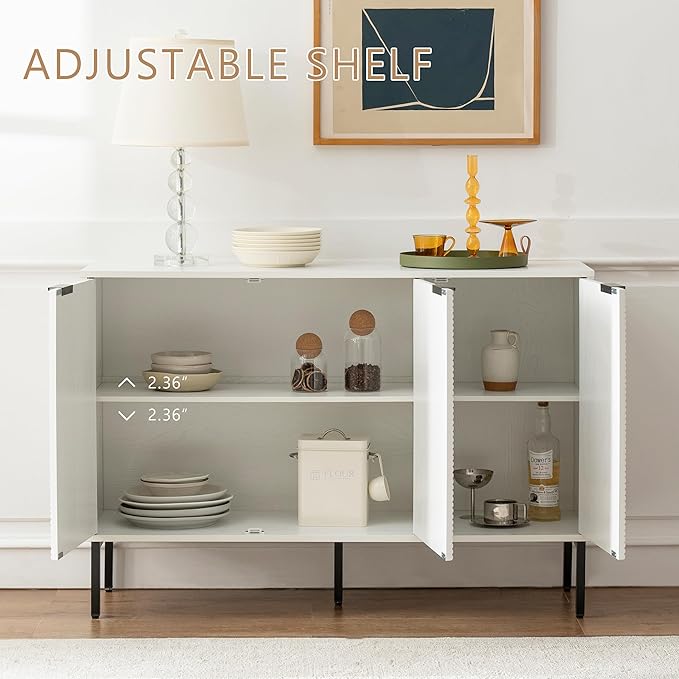 Kitchen Buffet Storage Cabinet, Modern 3 Door Coffee Bar with Shelves, Wooden Fluted Entryway Cabinet for Dinning Room, Living Room (1, Embossed White)