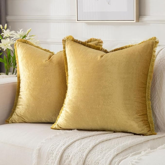 FUTEI Christmas Gold Velvet Decorative Throw Pillow Covers 20x20 Set of 2,Soft Cozy Edge with Tassels Cushion Case,Boho Modern Home Decor for Couch Bed Living Room