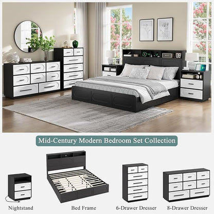 Dresser for Bedroom, 44" Tall Dressers & Chests of Drawers w/Solid Wood Handle, Wood Mid Century Closet Organizers and Storage Cabinet for Bedroom, Living Room, Hallway, Black/White