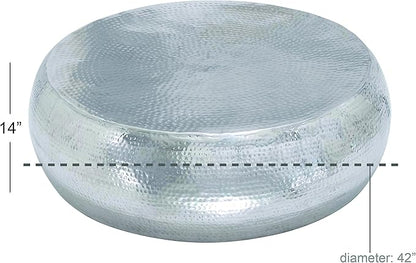 Deco 79 Aluminum Metal Living Room Coffee Table Drum Shaped Table with Hammered Design, Center Table 42" x 42" x 14", Silver