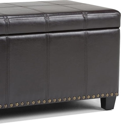 SIMPLIHOME Amelia 33 inch Wide Transitional Rectangle Storage Ottoman Bench in Tanners Brown Vegan Faux Leather, Assembled, For the Living Room, Entryway and Family Room