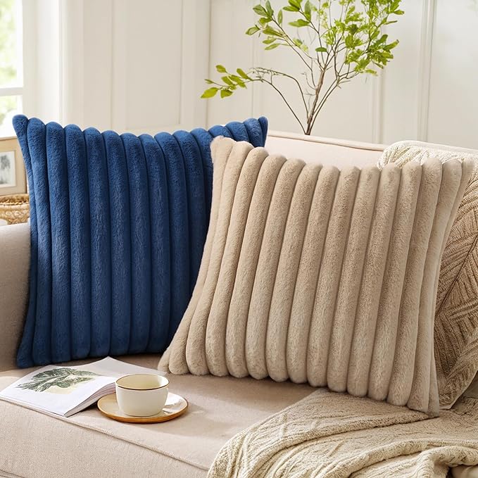 Pallene Faux Fur Plush Throw Pillow Covers 26x26 Set of 2, Luxury Soft Fluffy Striped Decorative Pillow Covers for Sofa, Couch, Living Room, Navy Blue