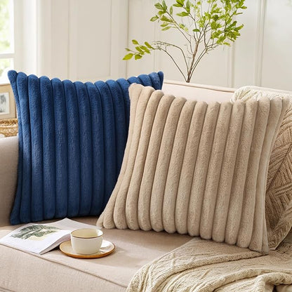 Pallene Faux Fur Plush Throw Pillow Covers 26x26 Set of 2, Luxury Soft Fluffy Striped Decorative Pillow Covers for Sofa, Couch, Living Room, Navy Blue