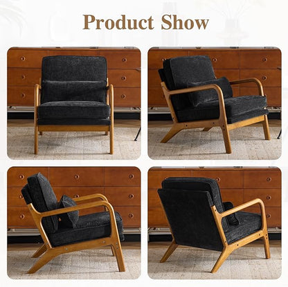 Karl home Mid Century Modern Accent Chair with Lumbar Pillow & Oak Arms – Plush Chenille Living Room Chair for Bedroom, Lounge (Black)