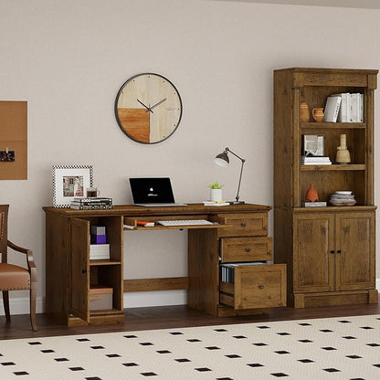 60.5" Executive Office Desk, Classic Computer Desk with File Drawer, Keyboard Tray Cabinet Storage, Farmhouse Wood Writing Desk for Home Office or Study, Vintage Oak