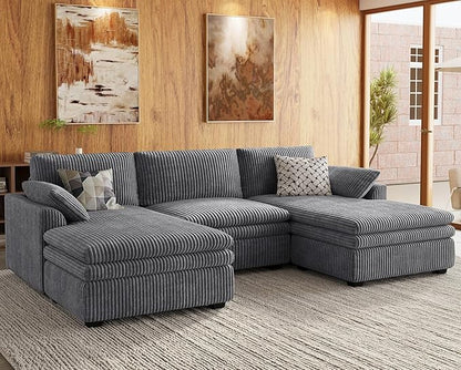 Belffin Large Modular Sectional Sofa with Double Deep Chaise, 104" Corduroy U Shaped Couch with 9" Soft Dual-Layer Seats Cushion Sectional Couches for Living Room, Apartment, Light Grey