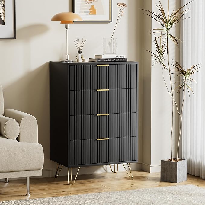 Black Dresser for Bedroom, Modern Wide Dresser with Gold Pulls and 4 Drawers for Bedroom, Closets, 15.7" D x 23.6" W x 37.4" H