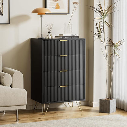 Black Dresser for Bedroom, Modern Wide Dresser with Gold Pulls and 4 Drawers for Bedroom, Closets, 15.7" D x 23.6" W x 37.4" H