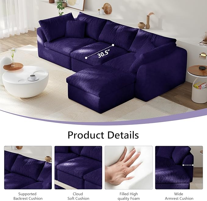 108" Boneless Cloud Couch Modular Sectional Sofa with Deep Seat for Living Room, L Shape Couch with Ottoman, Snowflake Cloth and 40D Memory Sponge，2 Throw Pillows (Purple, 3 Seater+1 Ottoman)