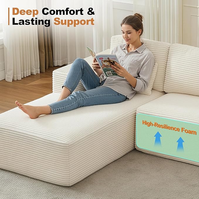 Cloud Modular Sectional Sofa Couch,L-Shape Modern Boneless Sectional Couch with Deep Seat,Upholstered Couches for Living Room Bedroom,No Assembly Required,Beige