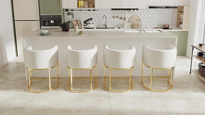 PU Leather Bar Stools Set of 3, Modern Upholstered Counter Height Bar stools 24" Leather Barstools Barrel Kitchen Counter Island Stools with Golden Metal Base, White