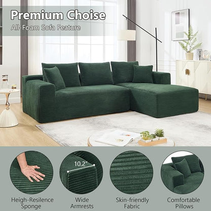 PELUMY 108.7" L-Shaped Modular Sectional Sofa with Oversized Chaise, Cloud Couch with Memory Foam, No Assembly Required Sleeper Sofa for Small Space Living Room, Apartment (Green, Corduroy)
