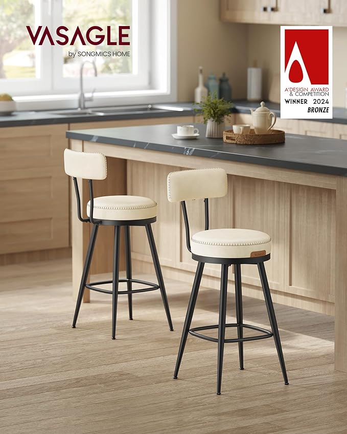 VASAGLE EKHO Collection - Bar Stools Set of 2, Swivel Counter Height Bar Stools with Back, Synthetic Leather with Stitching, Mid-Century Modern, 25.6-Inch Tall Barstools for Kitchen Bar, Cream White
