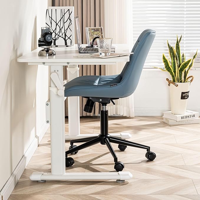 Rowill Leather Office Chair, Ergonomic Armless Desk Chair with Waterproof Cushion & Slient Wheels & SGS-Certified Class 3 Explosion-Proof Gas Lift, Ideal for Home Office, Study and Vanity(Blue)