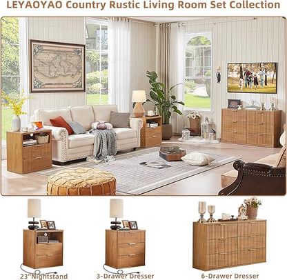 LEYAOYAO Fluted Nightstand with Charging Station, 23" Modern Night Stand with Woodgrain Top, 2 Drawers End Table w/Storage, Bedside Tables for Bedroom, Living Room, Curved Profile Design,Brown