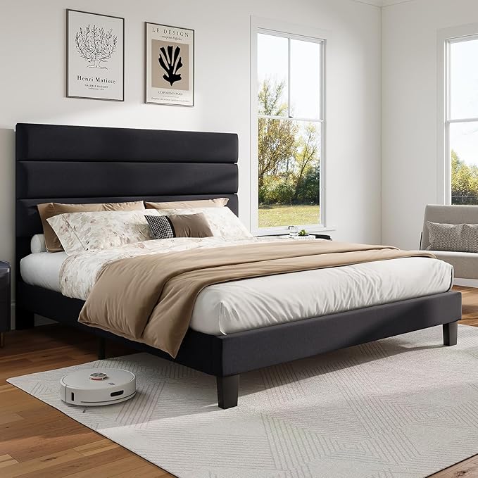 AMERLIFE Full Size Bed Frame with Linen Upholstered Headboard, Modern Platform Bed with Wooden Slats Support, Noise-Free, No Box Spring Needed, Easy Assembly, Black