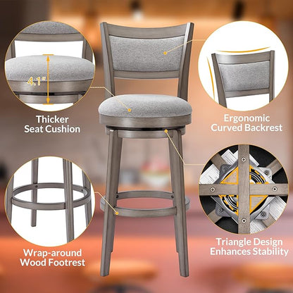 PrimeZone Swivel Bar Stools Set of 2, 30 Inch Bar Height Barstools, High Back Bar Stool with Solid Wood Legs & Wrap-Around Footrest, Counter Stools for Kitchen Island, Pub, Grey