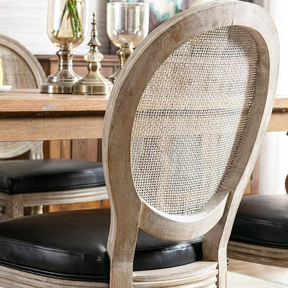 Farmhouse Leather Dining Room Chairs Set of 6 French Dining Chairs with Round Rattan Back French Bistro Chairs for Dining Room/Living Room/Kitchen/Restaurant, Black