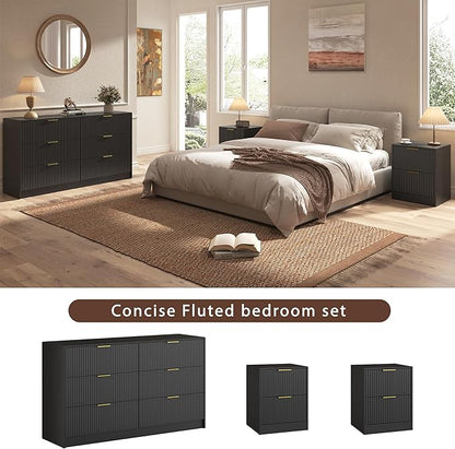 3-Piece Modern Bedroom Furniture Set, Wide 6-Drawer Dresser & 2-Drawer Nightstands Set of 2, Natural Wood Dresser and Nightstand Sets for Bedroom, Hallway, Black