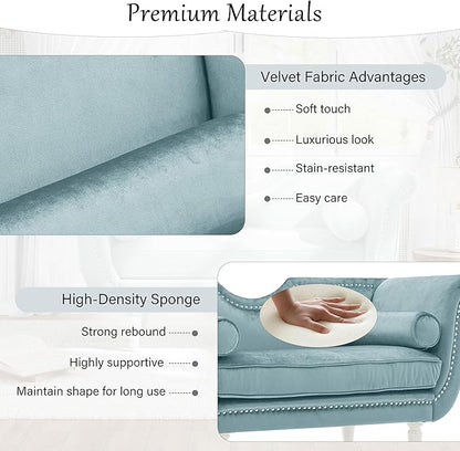 Christopher Knight Home Aurora Velvet Chaise Lounge Indoor with 2 Bolster Pillows, Upholstery Entryway Bench with Nailhead Trim & Curved Arms, End of Bed Bench Ottoman and Wooden Legs, Light Blue