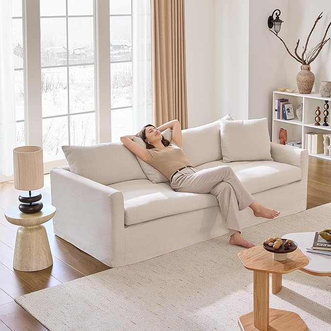 SICOTAS 90.5" Modern Sofa with Deep Seat, Large Down-Filled Cloud Couch with 4 Pillows & Solid Wood Frame, Oversized 3 Seater Sofa Comfy Sleeper Couches for Living Room, Apartment, Beige