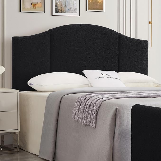 24KF Middle Century Upholstered Foldable Queen/Full Headboard - Modern Boucle Teddy Fabric, Black (6033-Q)