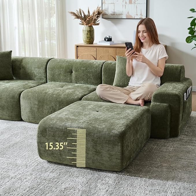 LIDYUK 118" Modern L-Shaped Boneless Couch Modular Sectional Sofa for Living Room, Chenille Upholstery Green, Oversized 3-Seater Sectional Couch with Deep Seat and Movable Ottoman, No Assembly