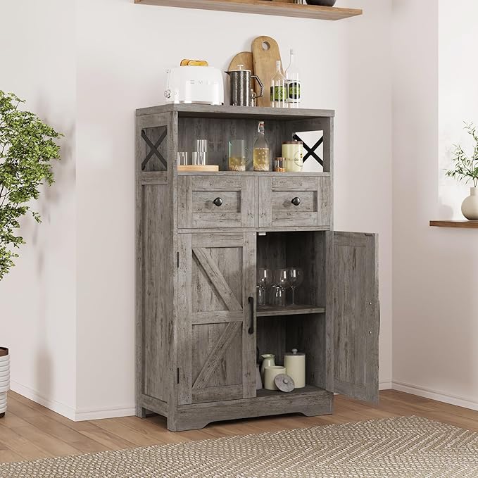 Small Farmhouse Storage Cabinet with Barn Doors, Farmhouse Kitchen Pantry Cabinet, Tall Coffee Bar with Storage, Hutch Cupboard for Kitchen, Laundry, Living Room, Washed Grey