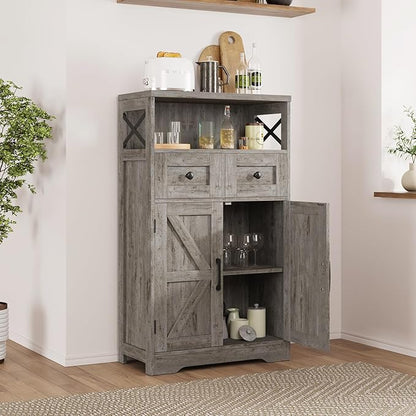 Small Farmhouse Storage Cabinet with Barn Doors, Farmhouse Kitchen Pantry Cabinet, Tall Coffee Bar with Storage, Hutch Cupboard for Kitchen, Laundry, Living Room, Washed Grey